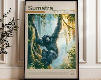 Siamang Travel Poster, Rainforest Wall Art, Illustrated Wildlife Animal Print, Sumatra Nature Home Decor