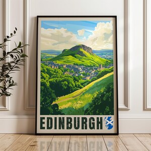 Impressão de viagem em Edimburgo - Pôster de arte de parede da Escócia, ilustração de Arthur's Seat, decoração para casa e escritório no Reino Unido, ideia de presente no Reino Unido