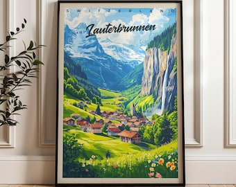 Lauterbrunnen Travel Poster - Switzerland Wall Art Print, Illustration Poster, Home & Office decor, Gift idea, Travel print, Mountain Print