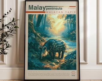 Malayan Tapir Travel Poster, Rainforest Wall Art, Illustrated Wildlife Animal Print, Malay Peninsula Nature Home Decor