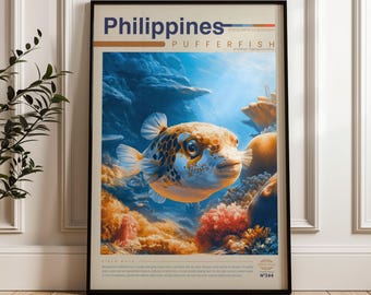 Pufferfish Travel Poster, Coral Reef Wall Art, Illustrated Wildlife Animal Print, Philippines Nature Home Decor