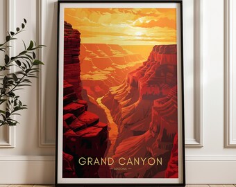 May include: A framed vertical poster featuring a stylized illustration of the Grand Canyon in Arizona. The artwork displays deep red and orange rock formations under a bright yellow sunset sky, with the text GRAND CANYON ARIZONA at the bottom.