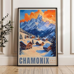 Chamonix Travel Print - France Wall Art Framed Poster, Winter Skying Illustration Artwork, Alps Home & Office decor, Mont-Blanc Gift idea