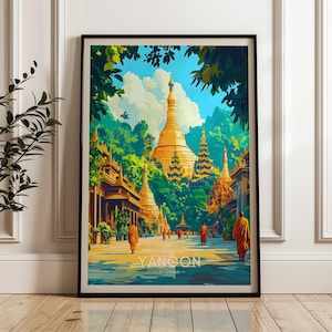 Yangon Travel Poster: Myanmar Buddhist Art Print