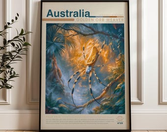 Golden Orb Weaver Travel Poster, Rainforest Wall Art, Illustrated Wildlife Animal Print, Australia Nature Home Decor
