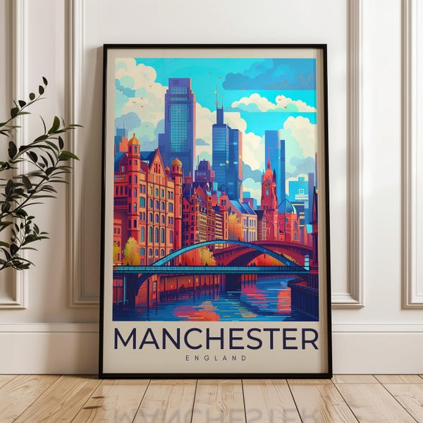 Manchester England Travel Poster: Vibrant Cityscape Illustration