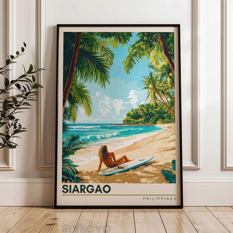 Siargao Travel Poster, Philippines Wall Art, Surfing Illustration