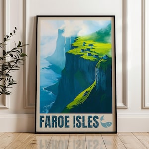 Impresión de viaje a las Islas Feroe: póster de arte mural europeo, ilustración de senderismo, decoración para el hogar y la oficina en el océano Atlántico, idea de regalo para Dinamarca