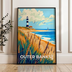 Outer Banks Travel Poster - North Carolina Wall Art Print, Atlantic Illustration Artwork, Home & Office decor, United States Gift idea