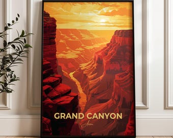 May include: A framed vertical art print depicting the Grand Canyon at sunset with deep red and orange rock formations, a winding river below, and a bright sun in the sky. The text GRAND CANYON is printed in gold at the bottom of the illustration.