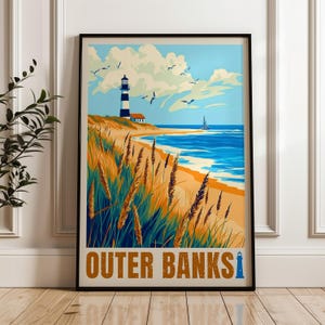 Póster de viaje de Outer Banks - Impresión artística de Carolina del Norte, ilustración del Atlántico, decoración para el hogar y la oficina, idea de regalo para Estados Unidos