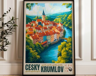 Cesky Krumlov Czechia Travel Poster: Medieval Illustration Art