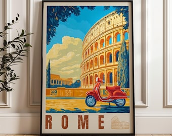May include: A framed travel poster featuring a vibrant illustration of the Roman Colosseum in yellow and orange tones under a blue sky. A bright red scooter is parked in the foreground. The word ROME is printed in large brown letters at the bottom.