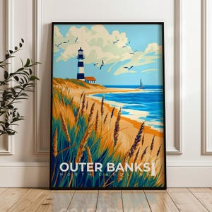 Póster de viaje de Outer Banks - Impresión artística de Carolina del Norte, ilustración del Atlántico, decoración para el hogar y la oficina, idea de regalo para Estados Unidos