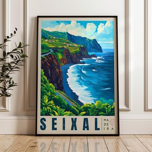 Póster de viaje de Seixal, impresión artística mural de Portugal, ilustración de playa de arena negra, decoración para el hogar y la oficina en el océano Atlántico, idea de regalo de Madeira