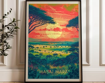 May include: A framed vertical art print depicting a sunset over the Masai Mara in Kenya. The scene features silhouettes of acacia trees and elephants against a vibrant orange and yellow sky, with green plains below and the text MASAI MARA KENYA.
