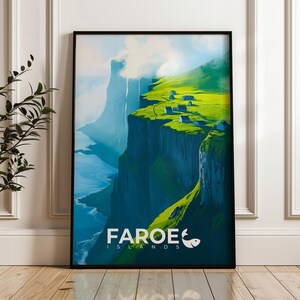 Impresión de viaje a las Islas Feroe: póster de arte mural europeo, ilustración de senderismo, decoración para el hogar y la oficina en el océano Atlántico, idea de regalo para Dinamarca