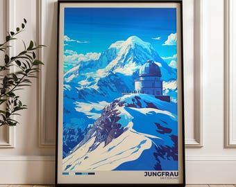 May include: A framed vertical poster featuring a blue-toned illustration of the Jungfrau mountain in Switzerland, including the Sphinx Observatory building on a snowy peak and the text Jungfrau Switzerland at the bottom right corner.