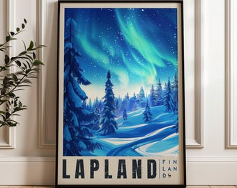 May include: A framed vertical poster depicting a snowy winter landscape in Lapland, Finland, featuring dark blue pine trees covered in snow under a vibrant green aurora borealis night sky. The text LAPLAND FINLAND is printed at the bottom.