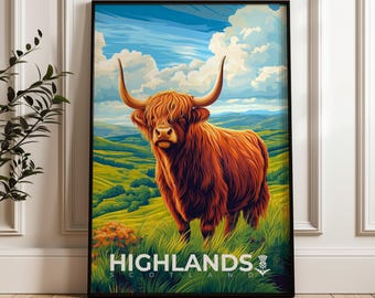 Póster de viaje de las Tierras Altas escocesas: Lámina artística de paisaje vintage