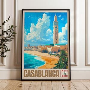 Poster di viaggio Casablanca - Stampa artistica da parete in Marocco, Illustrazione artistica, Decorazione per casa e ufficio, Idea regalo, Stampa di viaggio della Moschea di Hassan II
