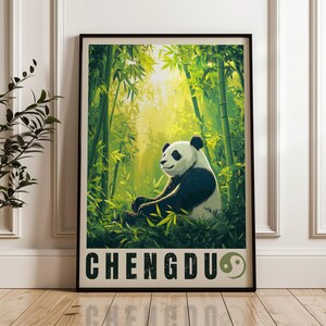 Poster de voyage à Chengdu – Impression d'art mural, oeuvre d'art du Sichuan, décoration de maison et de bureau, idée cadeau et impression de voyage avec un panda géant