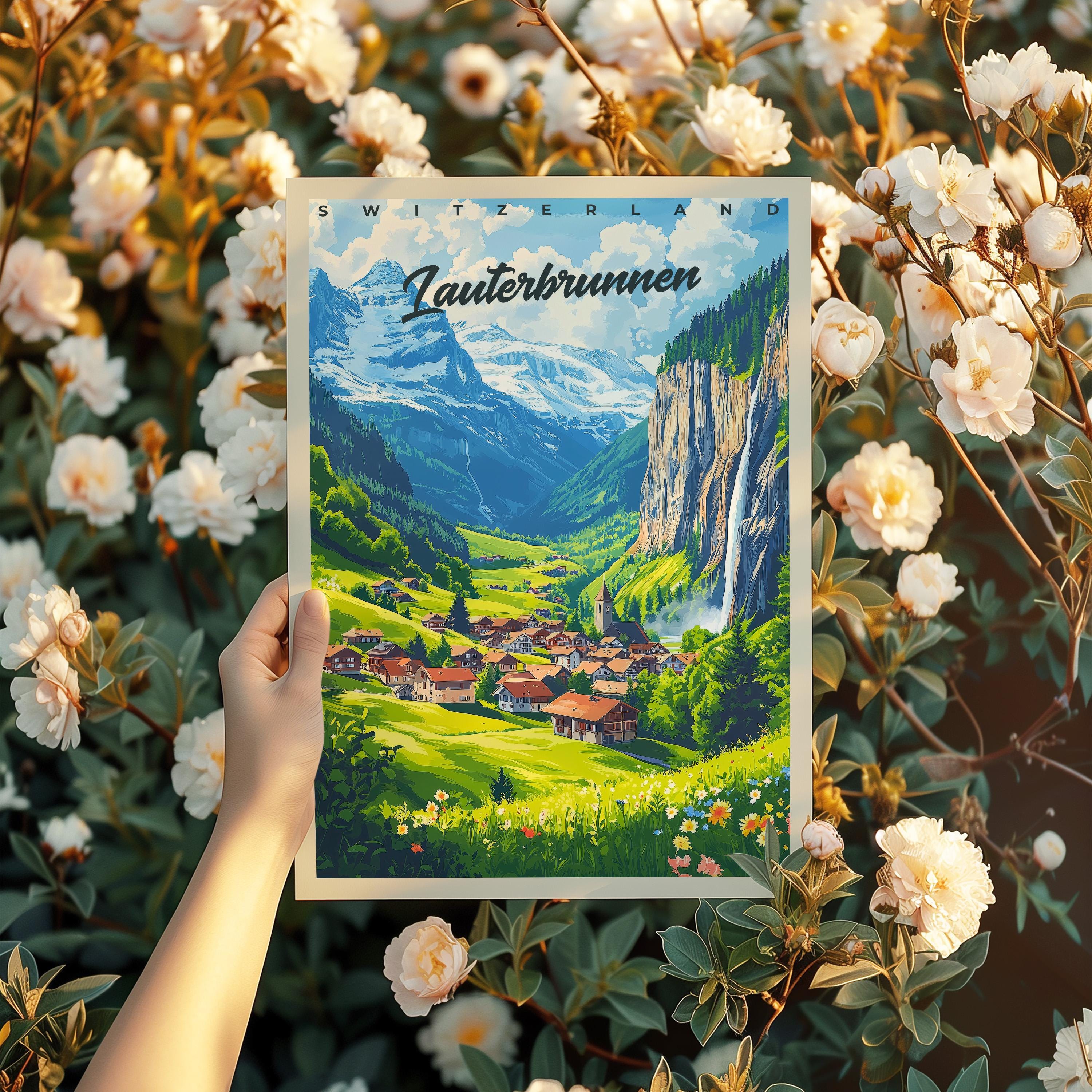 Lauterbrunnen Switzerland Travel Poster: Mountain Village Art