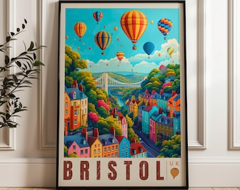 Bristol Travel Poster - England Wall Art Print, Illustration Poster, Home & Office decor, Gift idea, Travel print, balloon fest poster