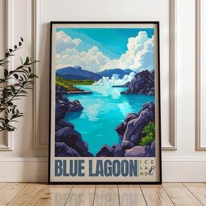 Stampa di viaggio Laguna Blu - Poster da parete Islanda, Illustrazione di Reykjavík, Decorazione per casa e ufficio con sorgenti termali, Idea regalo vulcanica, Spa