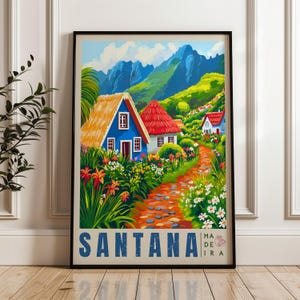 Cartel de viaje de Santana, Impresión de arte mural de Portugal, Obra de arte ilustrativa de Casas Típicas, Decoración de hogar y oficina del Océano Atlántico, Idea de regalo de Madeira