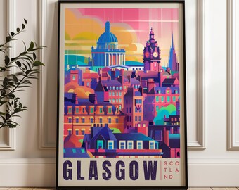 Glasgow Scotland Travel Poster: Vibrant Cityscape Art Print