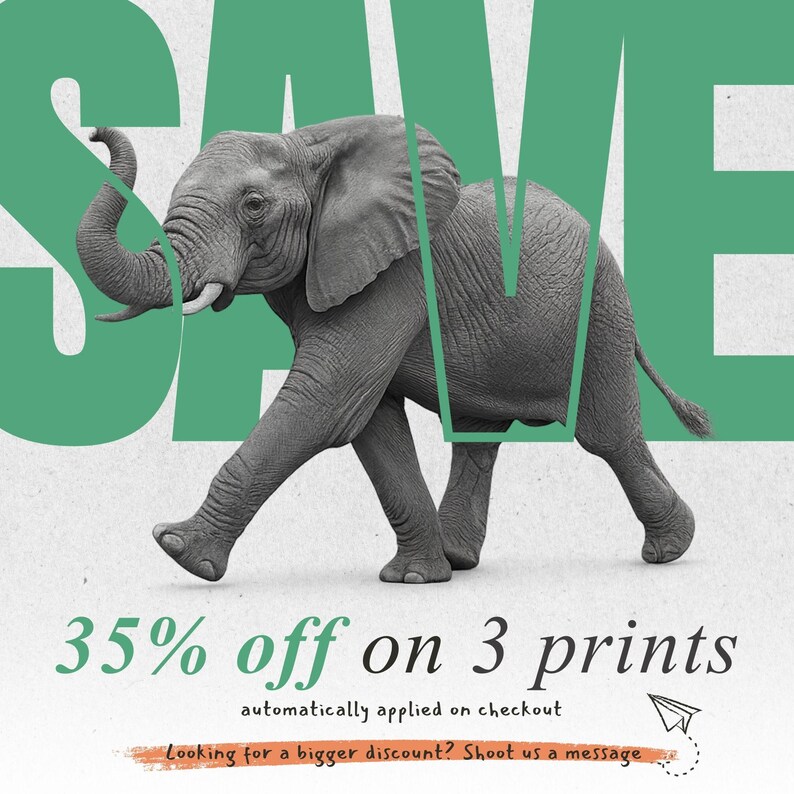 a large green word "SAVE" with a gray elephant in the foreground, and there is a text overlay that says "5% off on 3 prints automatically applied on checkout" and "looking for a bigger discount? Shoot us a message".