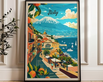 May include: A framed travel poster featuring a coastal town in Sicily, Italy. The illustration depicts a snow-capped mountain, a blue sea with sailboats, orange trees in the foreground, and buildings along a street with the text Sicily.