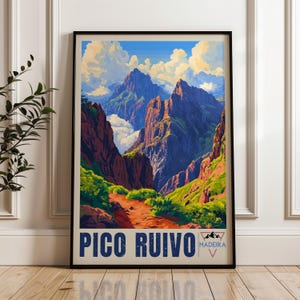 Pico Ruivo Travel Poster, Portugal Wall Art Print, Hiking Illustration Artwork, Atlantic Home & Office decor, Madeira Gift idea