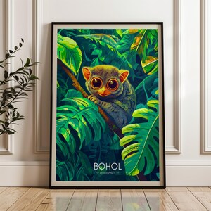 Poster di viaggio di Bohol, stampa artistica da parete Filippine, illustrazione di tarsier, arredamento per la casa e l'ufficio del sud-est asiatico, idea regalo per backpacker sull'isola