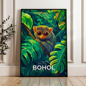 Poster di viaggio di Bohol, stampa artistica da parete Filippine, illustrazione di tarsier, arredamento per la casa e l'ufficio del sud-est asiatico, idea regalo per backpacker sull'isola