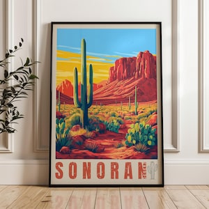Sonoran Wüste Reiseplakat - USA, Mexiko Wand Kunst Druck, Illustration Kunstwerk, Haus & Büro Dekor, Geschenkidee, Kaktus, Kalifornien, Arizona