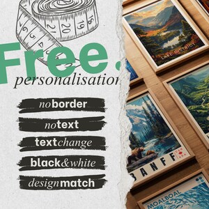 The image is a collage of framed landscape photographs, with a text overlay that offers a free personalisation service for the pictures.