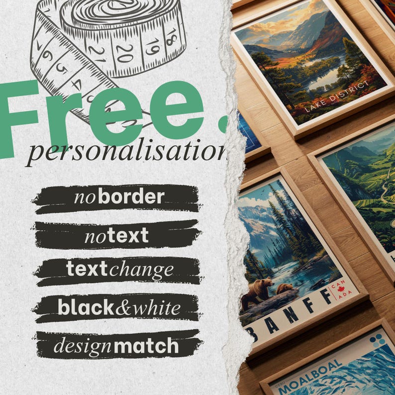 The image is a collage of framed landscape photographs, with a text overlay that offers a free personalisation service for the pictures.