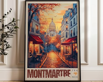 Impresión de Montmartre París: Cartel de viaje vintage de Francia, Arte de pared del Sacré-Cœur