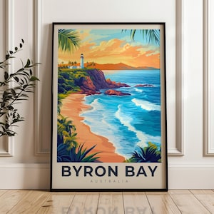 Póster de viaje de Byron Bay: Impresión de arte mural de Australia, ilustración de playa, decoración para el hogar y la oficina, idea de regalo, impresión de viaje a Nueva Gales del Sur