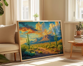 Saguaro National Park Horizontal Travel Art Print: Arizona Desert Illustration