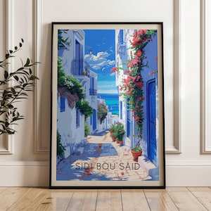 Sidi Bou Said Tunisia Travel Poster: Vibrant Mediterranean Wall Art