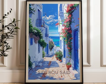 Sidi Bou Said Travel Poster - Tunisia Wall Art Print, Illustration Poster, Home & Office decor, Gift idea, Travel print, Africa print