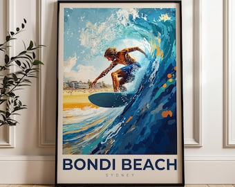 Bondi Beach Surfing Art Print: Australia Travel Poster