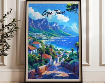 Cape Town Travel Poster: South Africa Art Print, Table Mountain Illustration