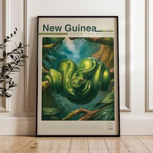 Green Tree Python Travel Poster, Rainforest Wall Art, Illustrated Wildlife Animal Print, New Guinea Nature Home Decor