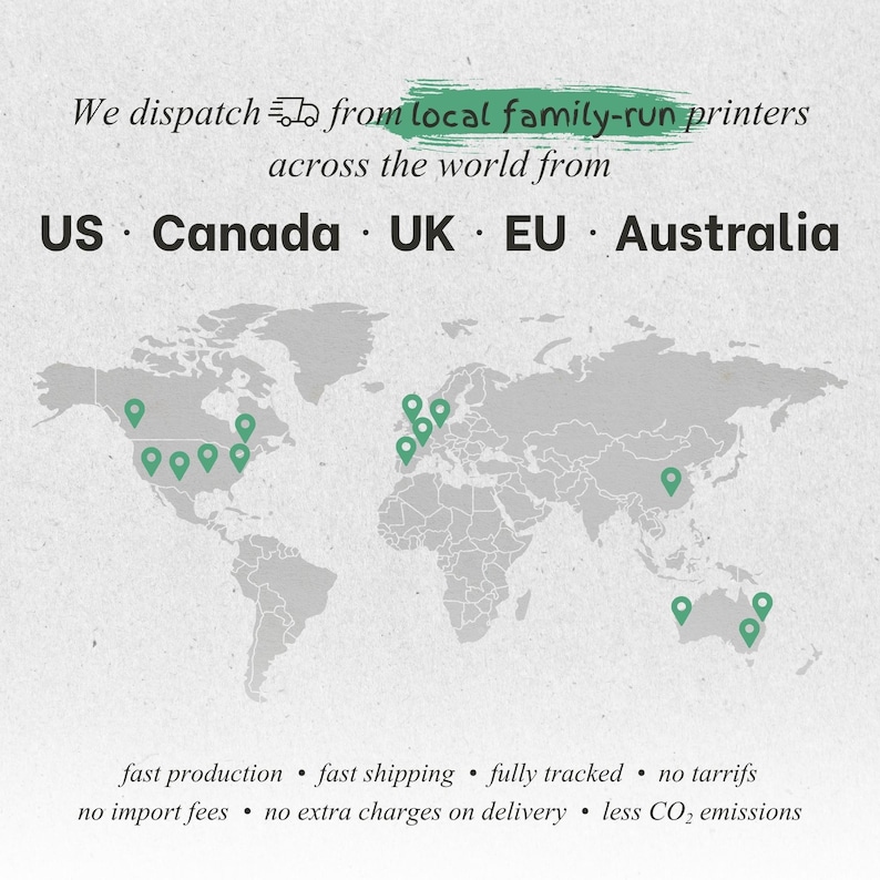 The image is a world map with green markers representing locations in the United States, Canada, the UK, Europe, and Australia.