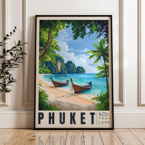 Poster de voyage à Phuket - Impression d'art mural Thaïlande, oeuvre d'art illustration sur l'île, décoration de maison et de bureau, idée cadeau, impression de voyage en bateau à longue queue