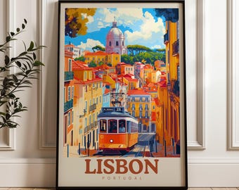 Reseaffisch i Lissabon, Portugal: Konsttryck med livfull stadsbild